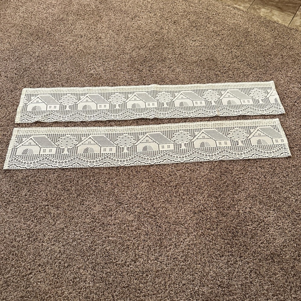 VTG White Lace Scenic Cottage House Curtain‎ Valance Panel Pair 59x10 Farmhouse